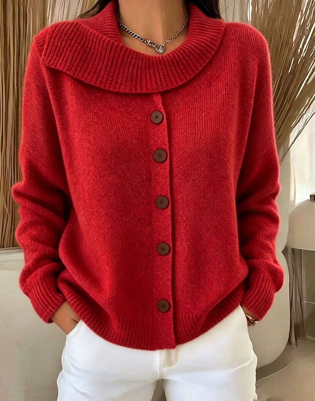 Damen Kuscheliger Knopf-Cardigan mit breitem Rollkragen und gerippten Bündchen EB