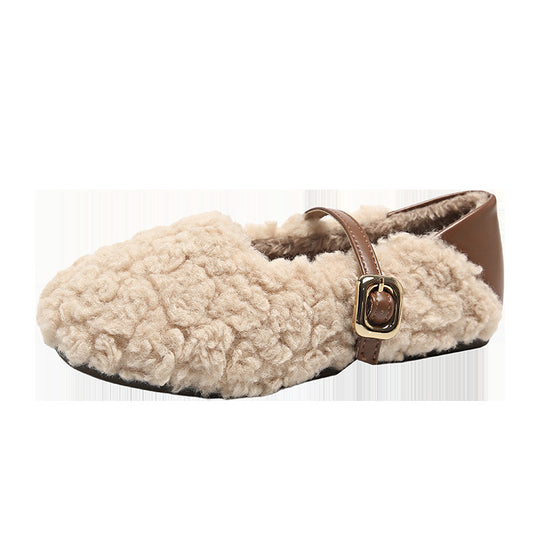 Damen Fleece Hausschuhe mit modischem Riemen und Warmfutter EB