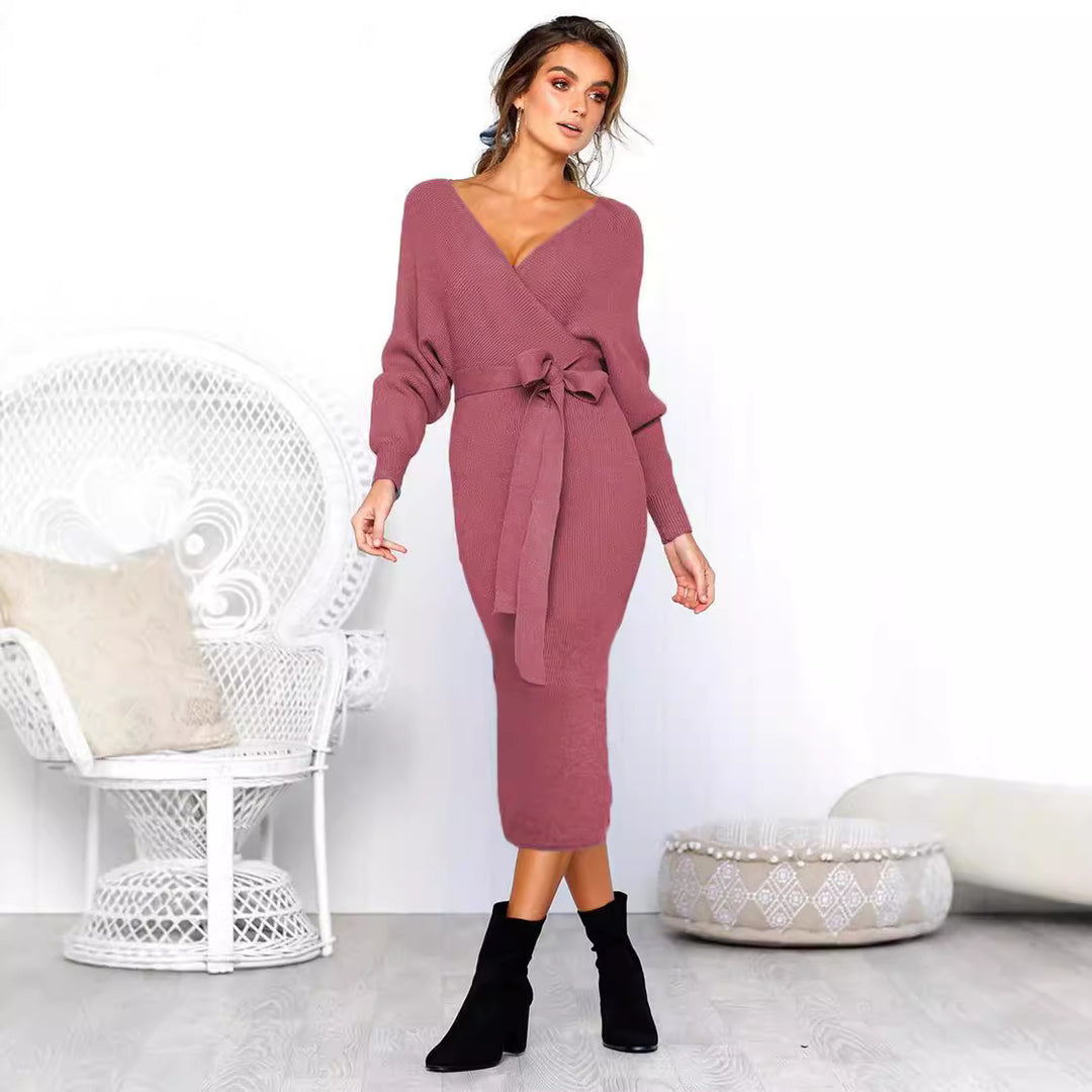 Damen Elegantes Wickelkleid mit tiefem V-Ausschnitt und Taillengürtel EB