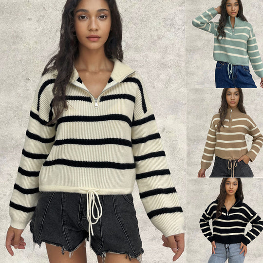 Damen Strickpullover mit Stehkragen und Kordelzug EB