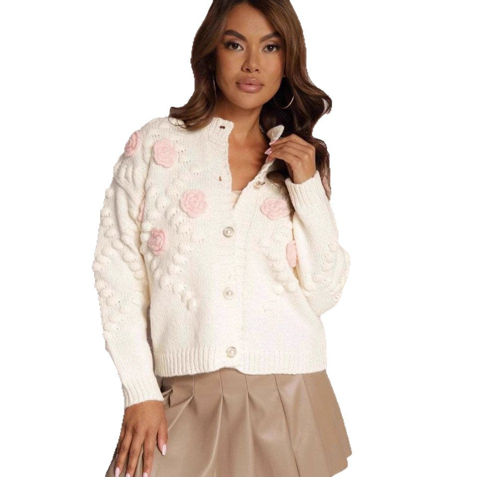 Damen Strickjacke mit floralen Details und Knopfverschluss EB