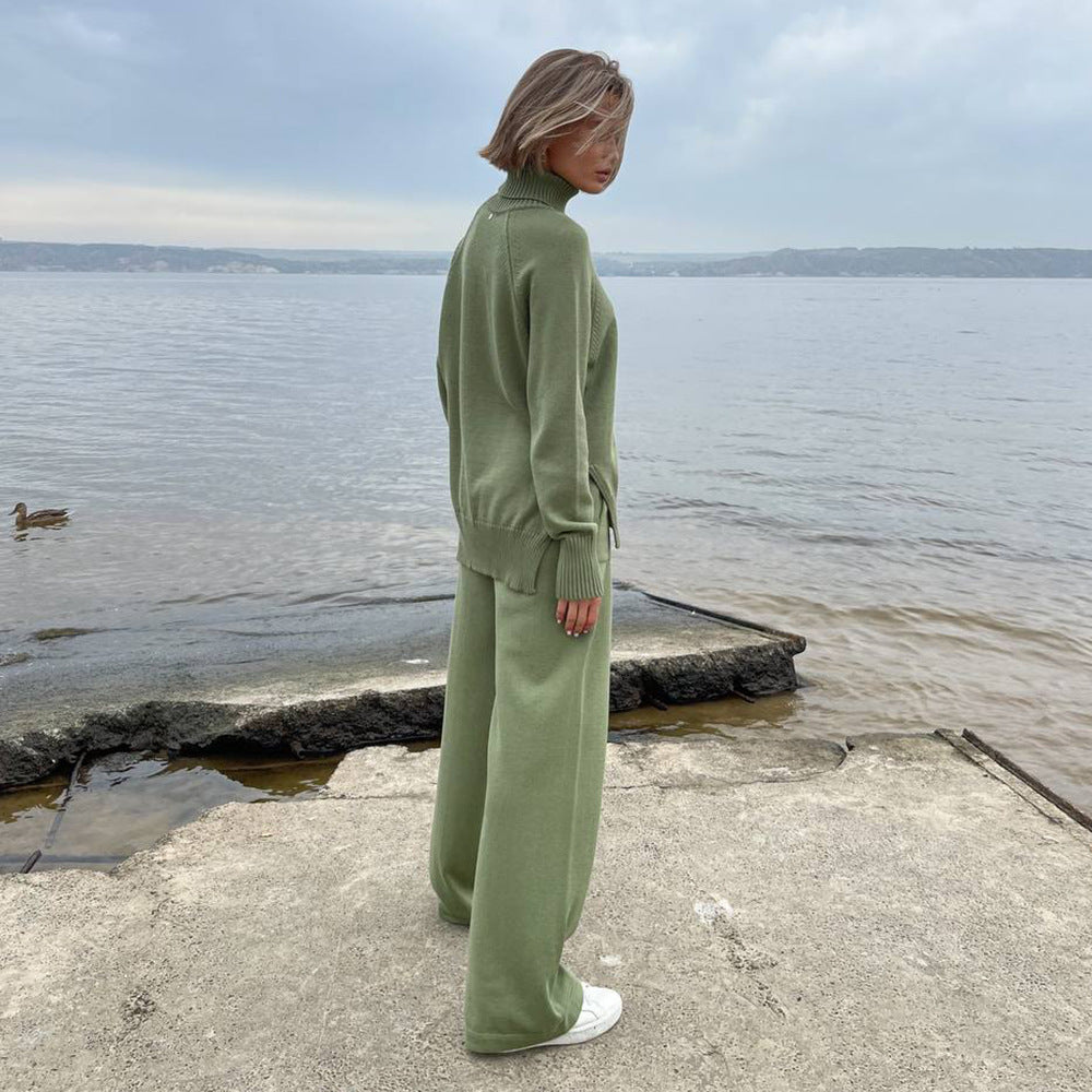Damen Strick-Loungewear-Set mit hohem Kragen und weitem Schnitt EB