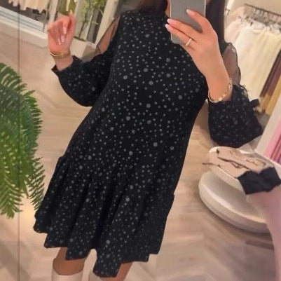 Damen Kurzärmeliges Kleid mit Punkte-Muster und modischen Rüschendetails EB