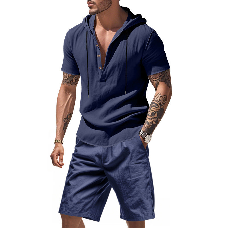 Herren lässiges Kurzarmhemd mit Kapuze und Shorts EB