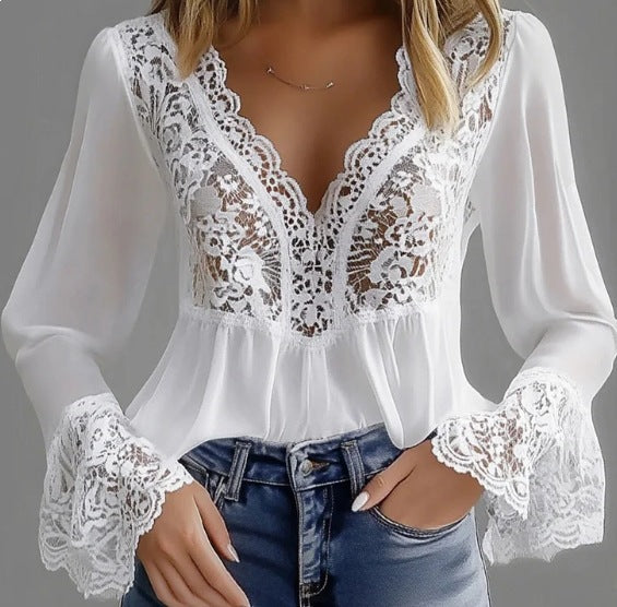 Damen elegante Bluse mit Spitzendetails und gerafftem Saum EB