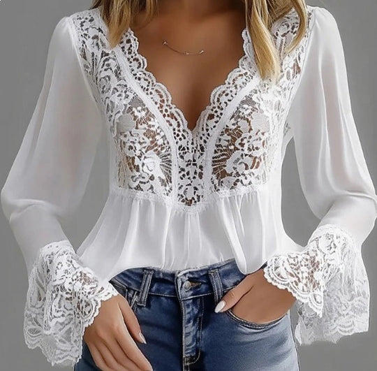 Damen elegante Bluse mit Spitzendetails und gerafftem Saum EB