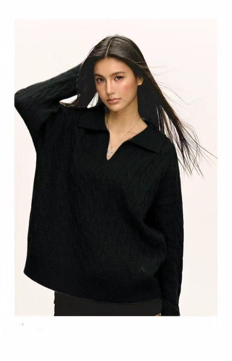 Damen Grob gestrickter Pullover mit V-Ausschnitt und Kragen EB