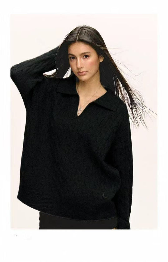 Damen Grob gestrickter Pullover mit V-Ausschnitt und Kragen EB