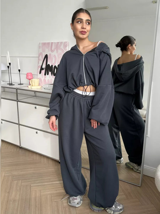 Damen nan cropped Reißverschluss-Hoodie mit Tunnelzugsaum und weitem Sweatpants-Schnitt EB