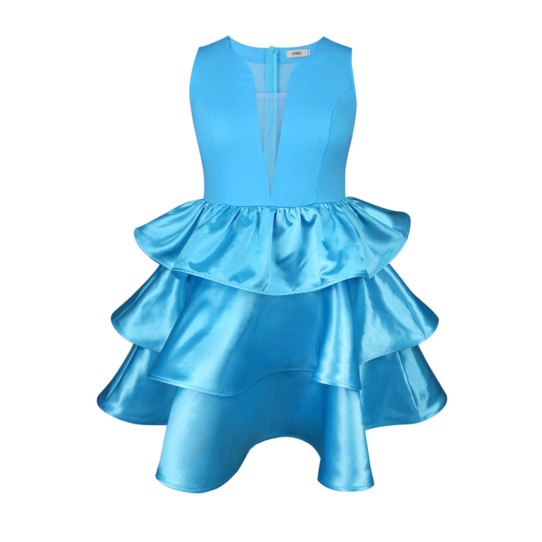 Damen Festliches Schwingendes Kleid mit Volant und Transparente Einsätze EB