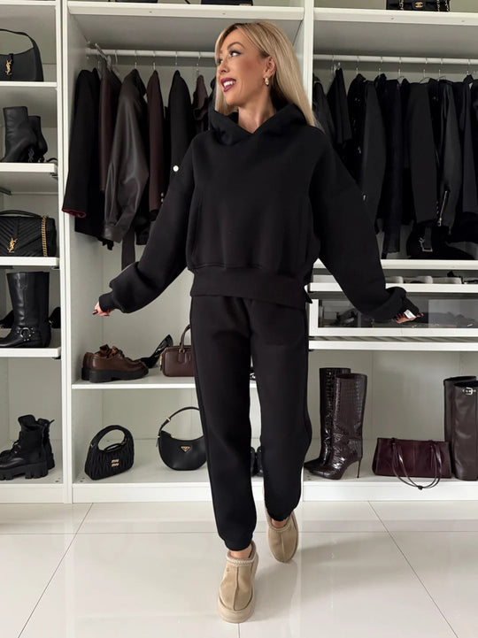 Damen Kurzgeschnittenes Kapuzen-Hoodie und High‑Waist Jogginghose Set aus weichem French-Terry EB