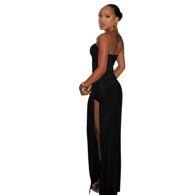 Damen trägerloses Maxikleid mit hohem Schlitz und elegantem Faltenwurf EB