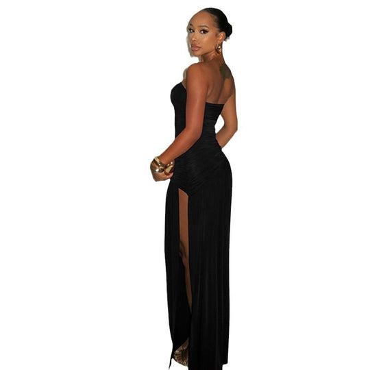Damen trägerloses Maxikleid mit hohem Schlitz und elegantem Faltenwurf EB