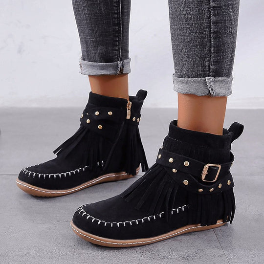 Damen nan Fransen-Mokassin-Stiefelette mit Ziergurt, Schnalle und weicher Gummisohle EB