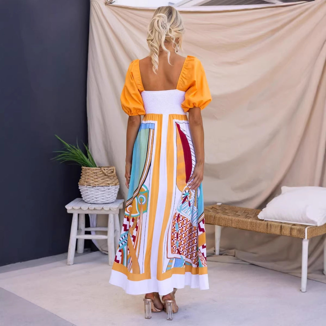 Damen Maxikleid mit kreativem Kunstdruck und Puffärmeln EB