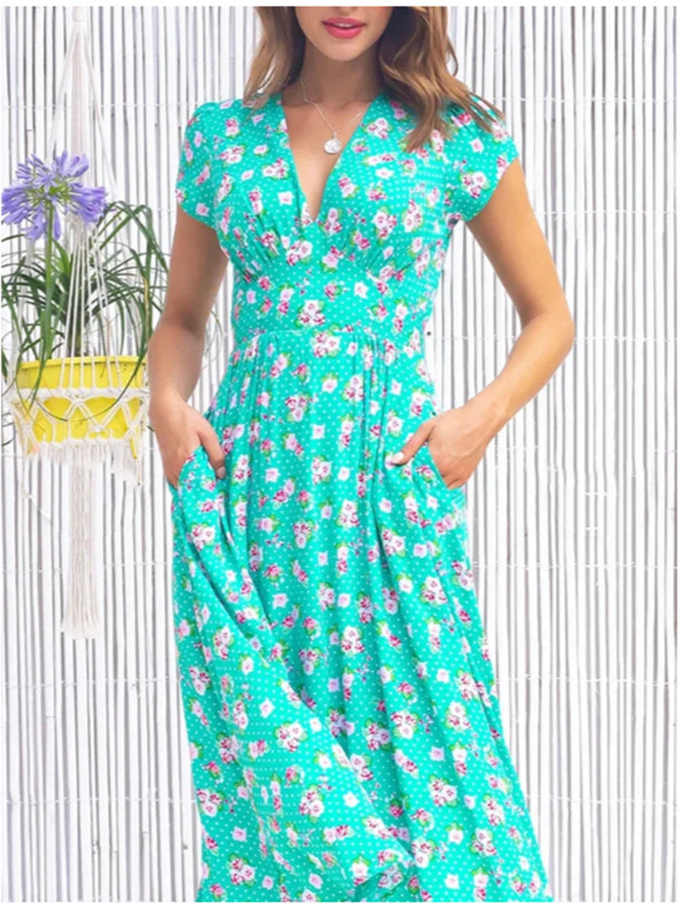 Damen Maxi-Kleid mit floralen Mustern und Taschen EB