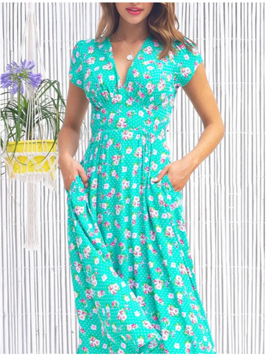 Damen Maxi-Kleid mit floralen Mustern und Taschen EB