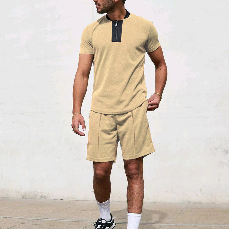 Herren Sportliches Kurzarm-T-Shirt mit Reißverschluss und Joggingshorts EB