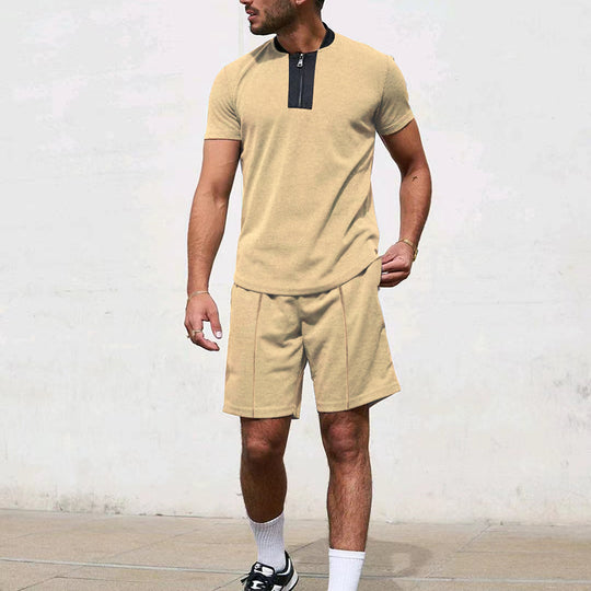 Herren Sportliches Kurzarm-T-Shirt mit Reißverschluss und Joggingshorts EB