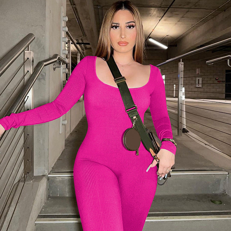 Damen Figurbetontes Langarm-Jumpsuit aus Rippmaterial EB