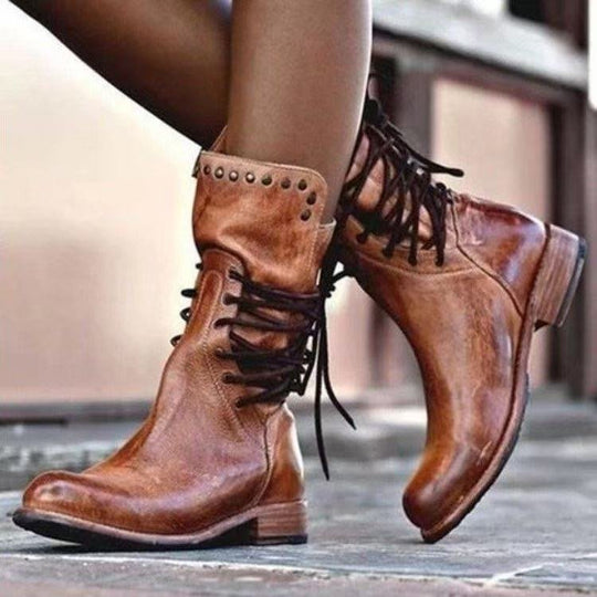 Damen Vintage‑inspirierte Schnür‑Stiefeletten mit Nietenrand und niedrigem Blockabsatz EB