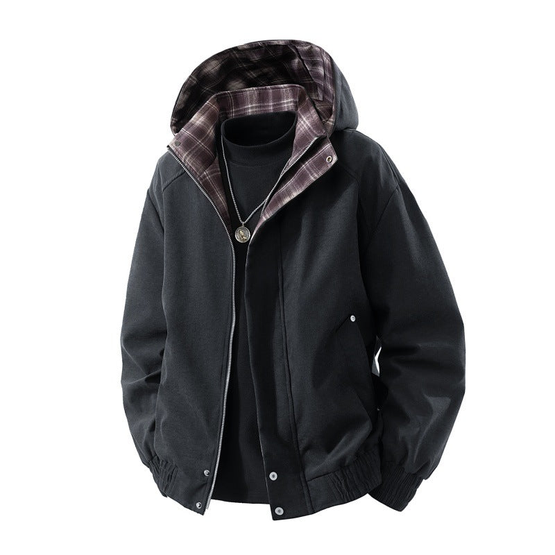 Herren gefütterte Kapuzenjacke mit kariertem Fleece-Innenfutter, elastischem Saum und verdecktem Reißverschluss EB
