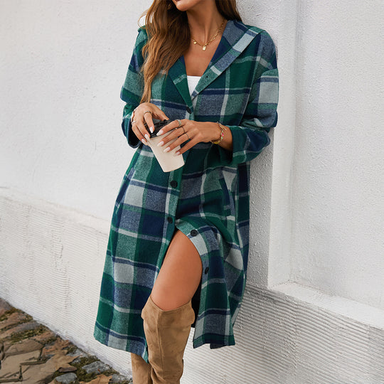 Damen nan lockeres Kapuzen-Hemdkleid mit karierter Flanelloptik, durchgehender Knopfleiste und hohem Beinschlitz EB