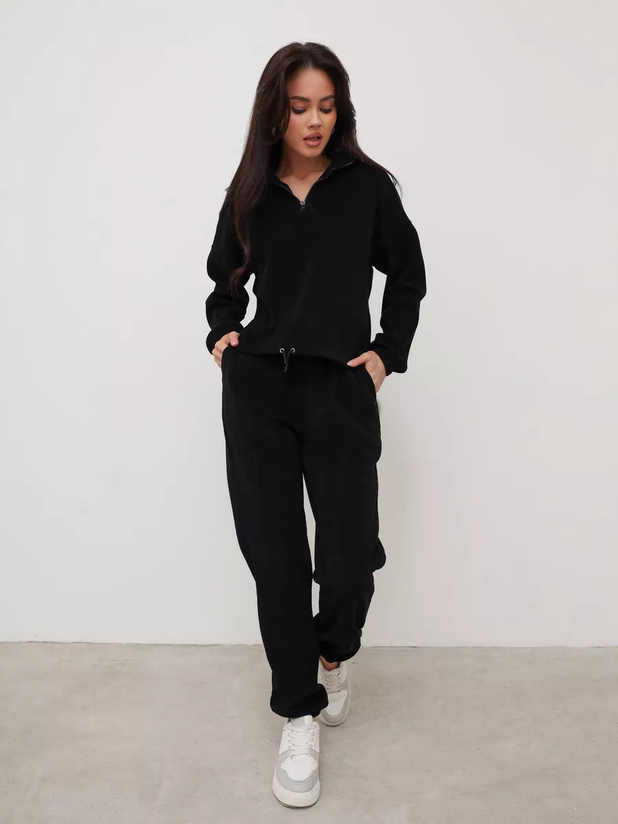 Damen weiches Lounge-Set mit halbem Reißverschluss, Kordelzughose und elastischen Bündchen EB