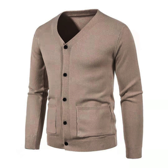 Herren nan leichte Feinstrick-Strickjacke mit V-Ausschnitt, durchgehender Knopfleiste und aufgesetzten Taschen EB
