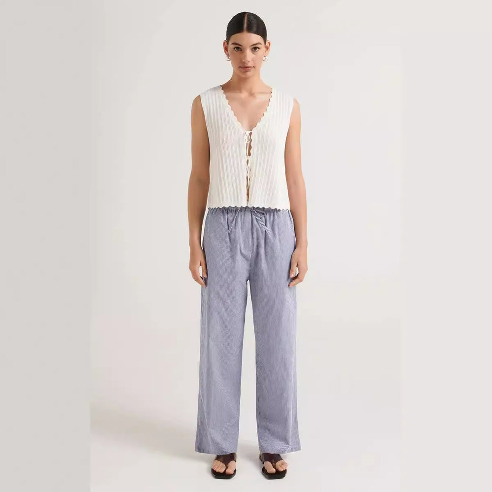 Damen lässige bequeme Schlafhose aus leichtem Baumwollstoff mit eleganten Streifen EB