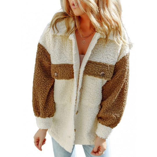 Damen Kuschelige Teddyjacke mit Kontrast-Ärmeln EB
