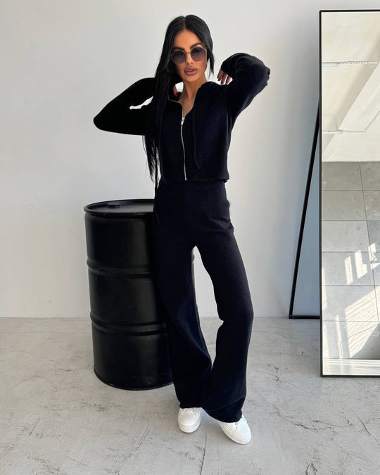 Damen Feinstrick-Loungewear-Set mit taillierter Kapuzenzipjacke und weiter Palazzo-Hose EB