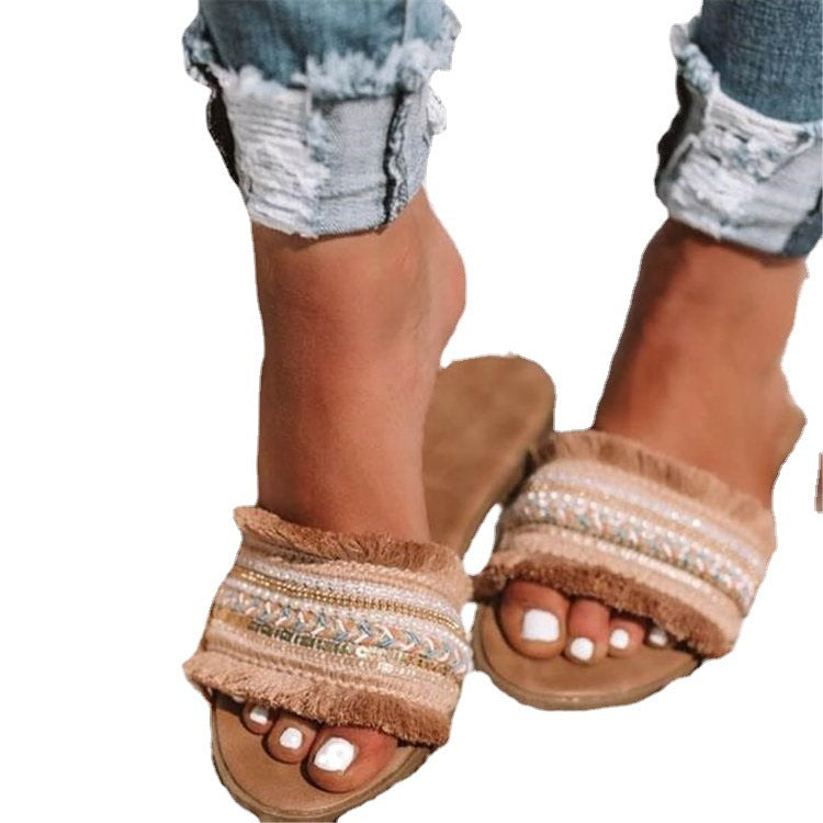 Damen Komfortable Sandalen mit dekorativen Fransen und Perlenschmuck EB