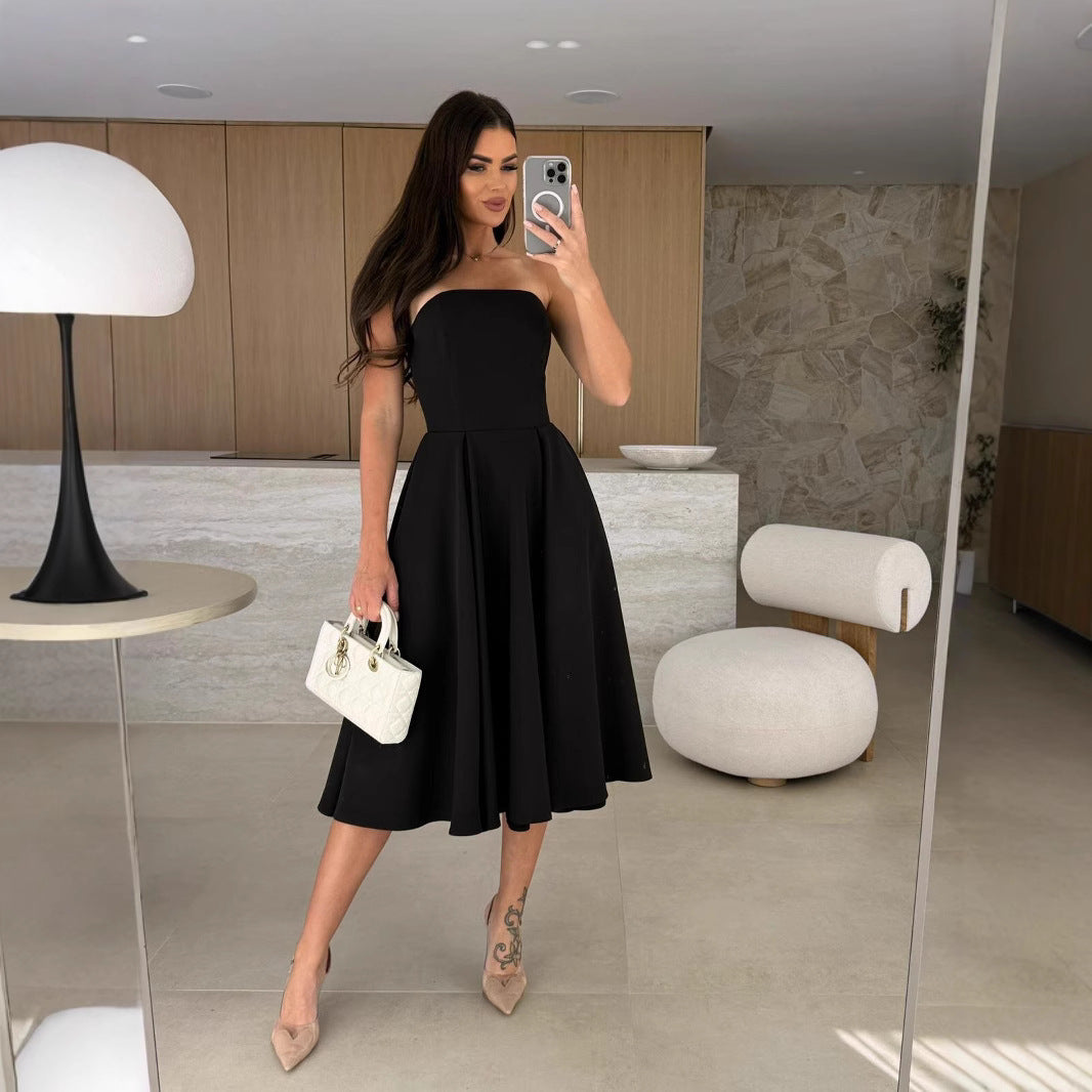 Damen A-linien Cocktailkleid mit trägerlosem Schnitt und schwingendem Rock EB