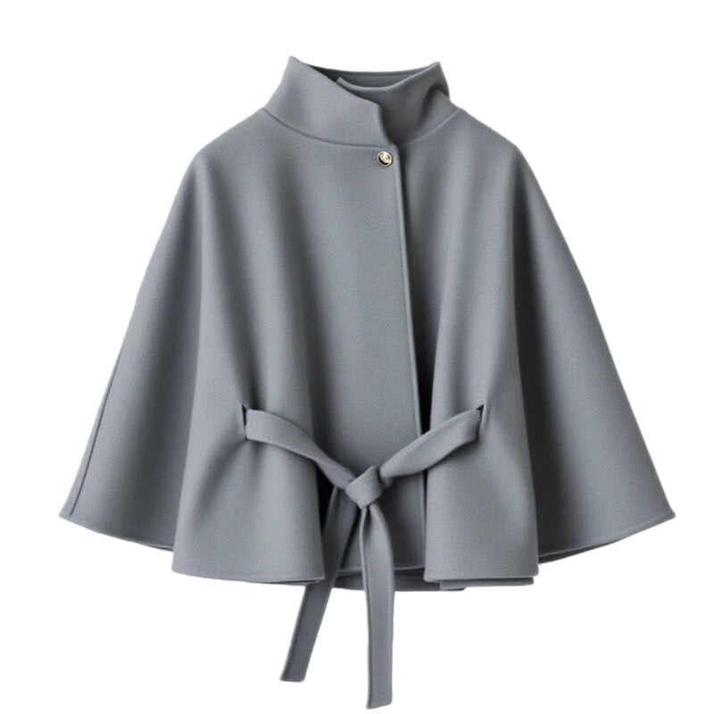 Damen elegante Umhangjacke mit Bindegürtel und hochgeschlossenem Kragen EB