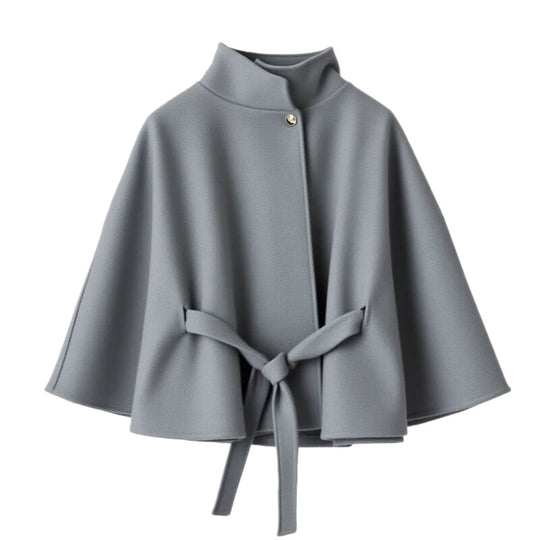 Damen elegante Umhangjacke mit Bindegürtel und hochgeschlossenem Kragen EB
