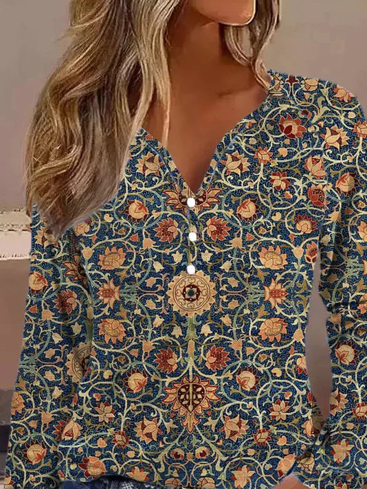 Damen elegantes Langarmshirt mit grafischem Farbverlauf und Knopfdetails EB