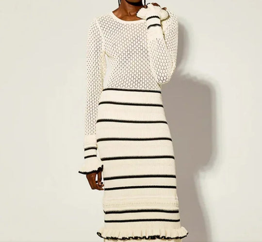 Damen Strickmaxikleid mit raffiniertem Lochmuster und kontrastierendem Streifen EB