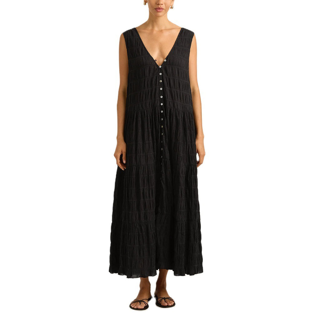 Damen Maxikleid mit tiefem V-Ausschnitt und gestuftem Design EB