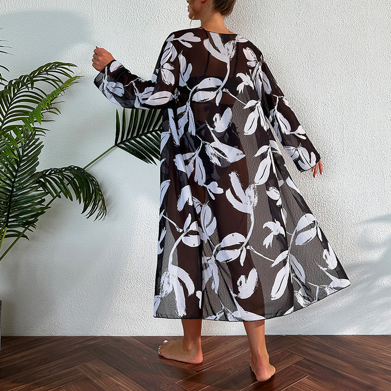 Damen Strandkimono mit floralem Muster und seitlichem Schlitz EB