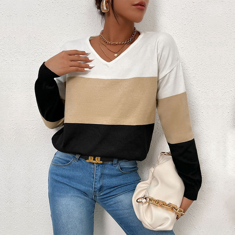 Damen V-Ausschnitt Pullover mit gestreiftem Design und lässigem Schnitt EB