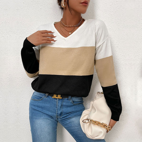 Damen V-Ausschnitt Pullover mit gestreiftem Design und lässigem Schnitt EB