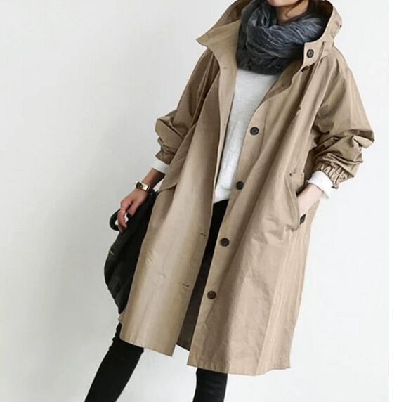 Damen nan leichter oversized Parka-Mantel mit Kapuze, Taillenzug und seitlichem Gehschlitz EB
