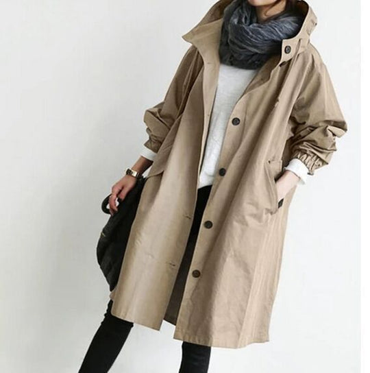 Damen nan leichter oversized Parka-Mantel mit Kapuze, Taillenzug und seitlichem Gehschlitz EB