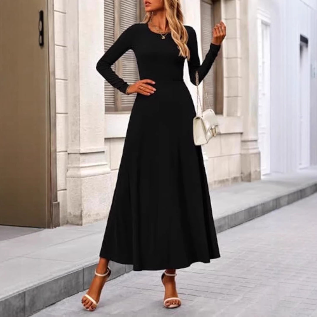 Damen Langärmeliges Maxikleid mit tailliertem Oberteil und fließendem A-Linien-Rock EB