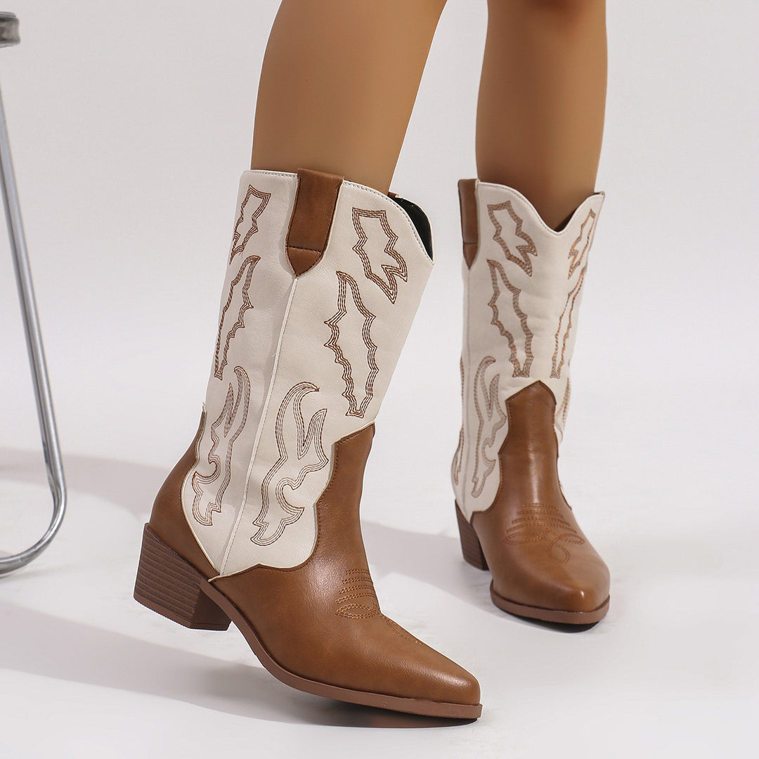 Damen nan Cowboystiefel im Westernstil mit mittelhohem Blockabsatz spitzer Zehenkappe und dekorativer Stickerei EB