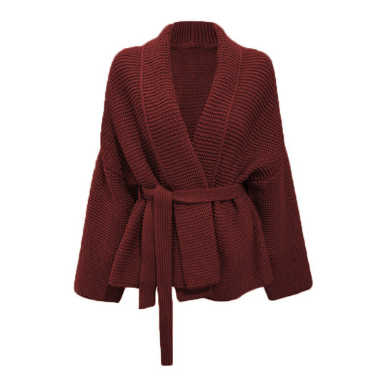 Damen Grobstrickjacke mit modernem Wickeldesign und breitem Kragen EB