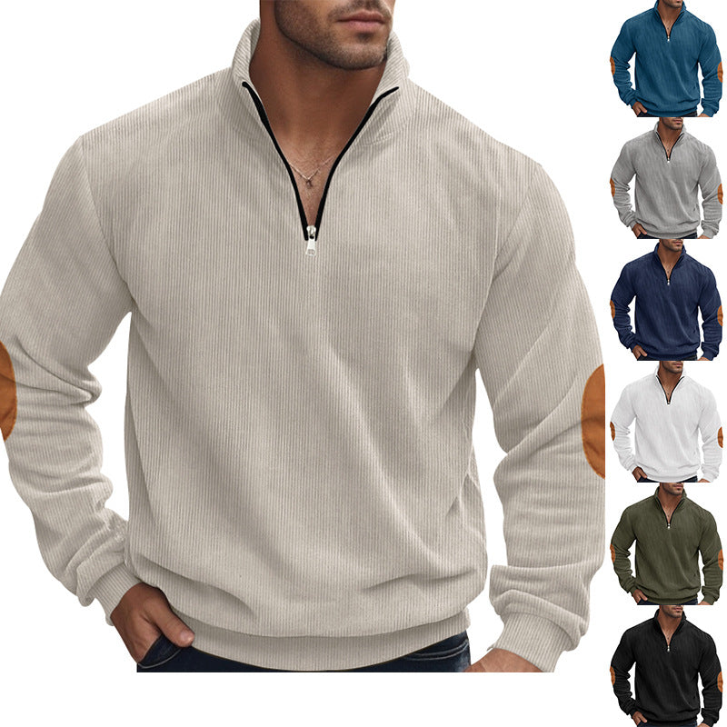 Herren nan Troyer-Halbfleecepullover mit Rippstruktur, elastischen Bündchen und Kontrast-Ellenbogenpatches EB