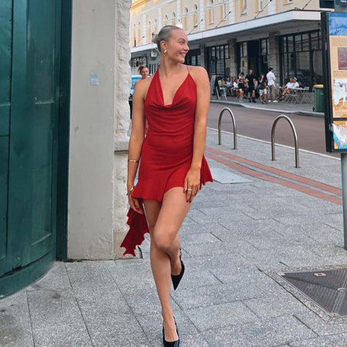 Damen Halterneck Minikleid mit fließendem Design und asymmetrischem Saum EB