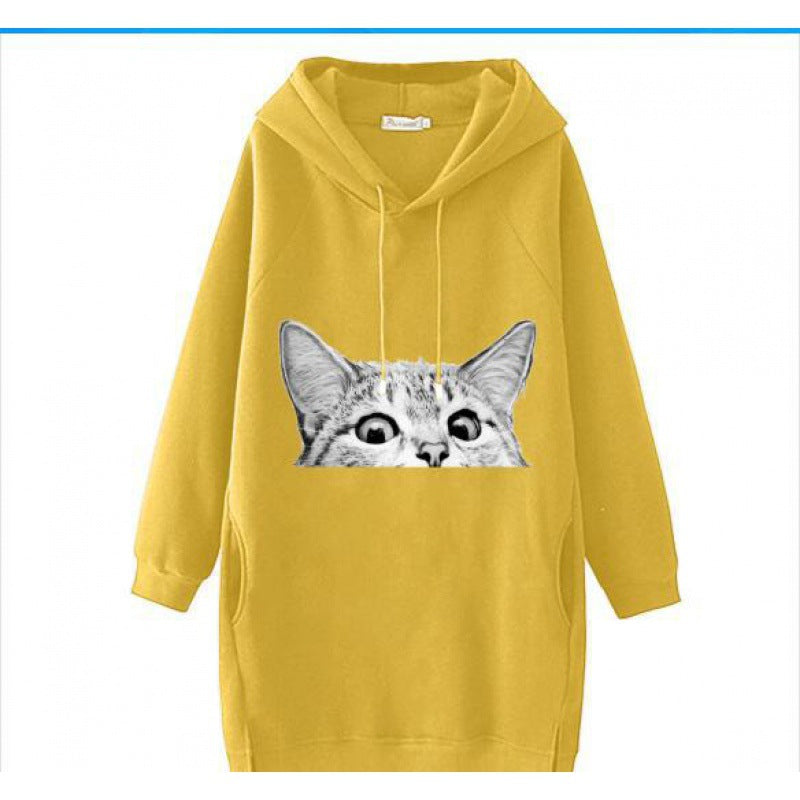 Damen Oversize Kapuzenkleid aus Sweat mit großem Katzenprint und Seitentaschen EB